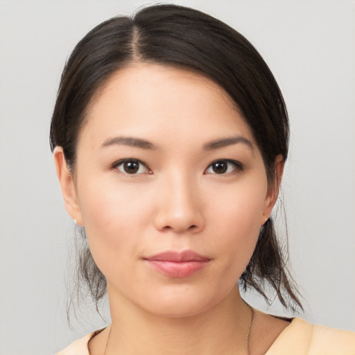 Neutral asian young-adult female with medium  brown hair and brown eyes