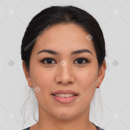 Joyful asian young-adult female with long  brown hair and brown eyes