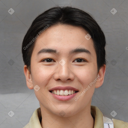 Joyful asian young-adult female with short  brown hair and brown eyes