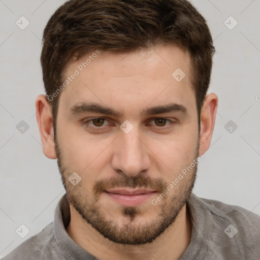 Neutral white young-adult male with short  brown hair and grey eyes