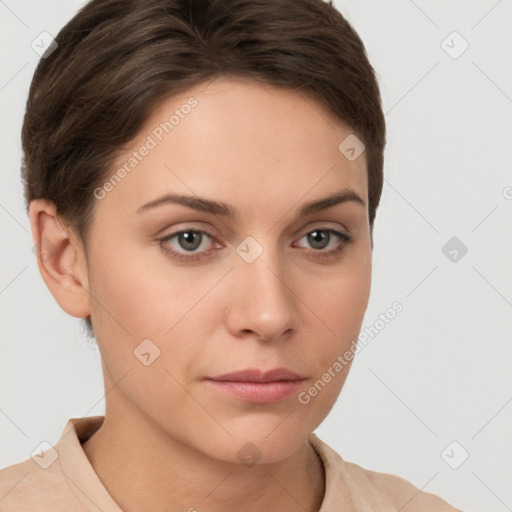 Neutral white young-adult female with short  brown hair and brown eyes