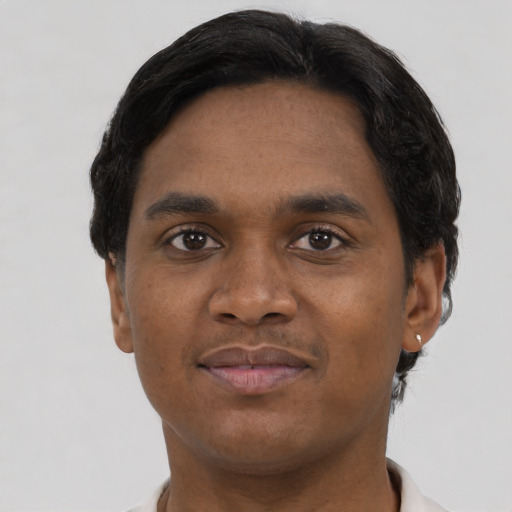 Neutral black young-adult male with short  black hair and brown eyes