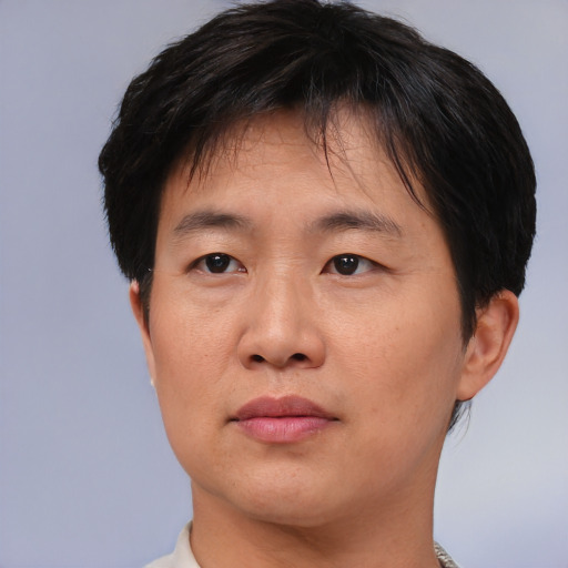 Neutral asian adult female with short  black hair and brown eyes