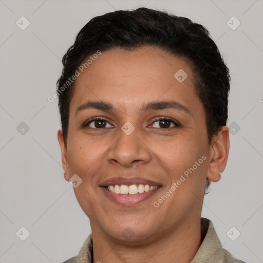 Joyful white young-adult female with short  brown hair and brown eyes