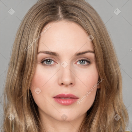 Neutral white young-adult female with long  brown hair and brown eyes