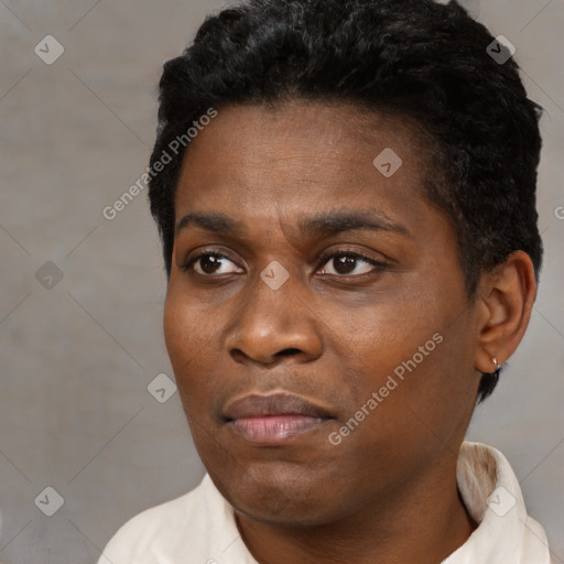 Neutral black young-adult male with short  black hair and brown eyes