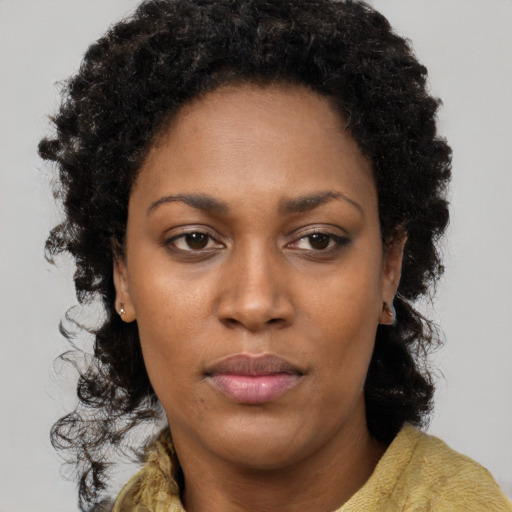 Neutral black young-adult female with medium  brown hair and brown eyes