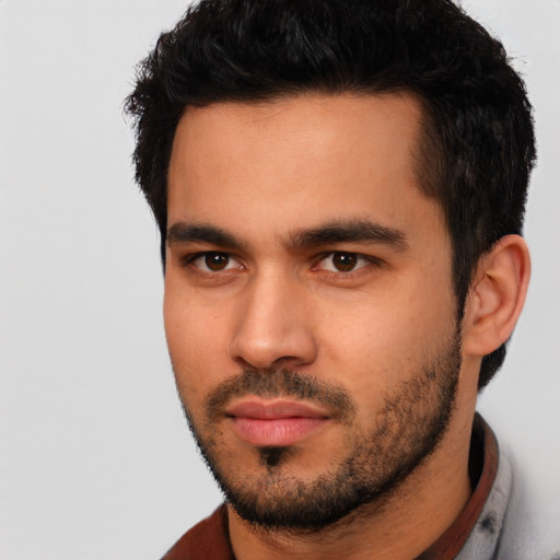 Neutral latino young-adult male with short  black hair and brown eyes