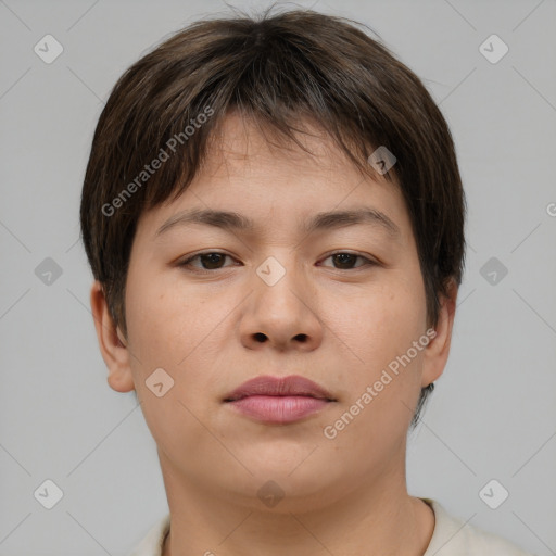 Neutral asian young-adult female with short  brown hair and brown eyes