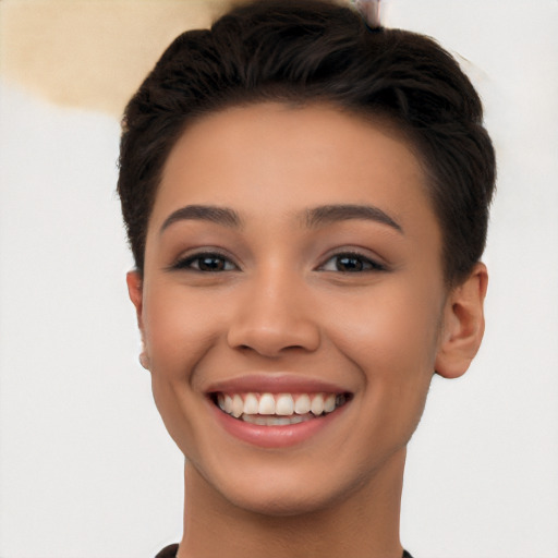 Joyful white young-adult female with short  black hair and brown eyes