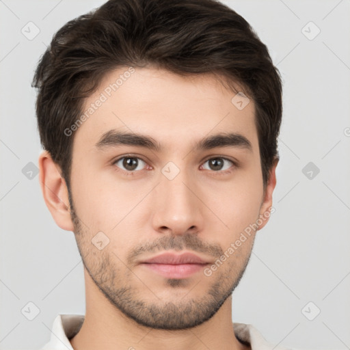 Neutral white young-adult male with short  brown hair and brown eyes