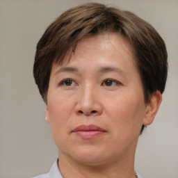 Joyful white adult female with short  brown hair and brown eyes