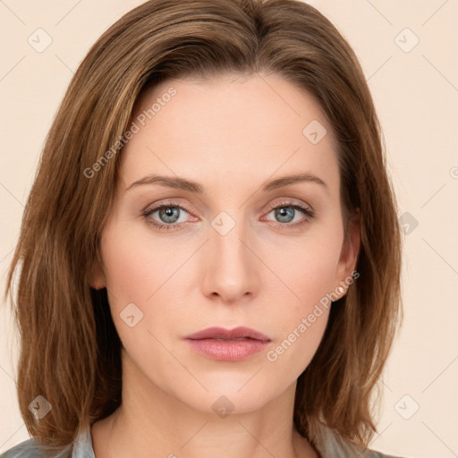 Neutral white young-adult female with medium  brown hair and green eyes