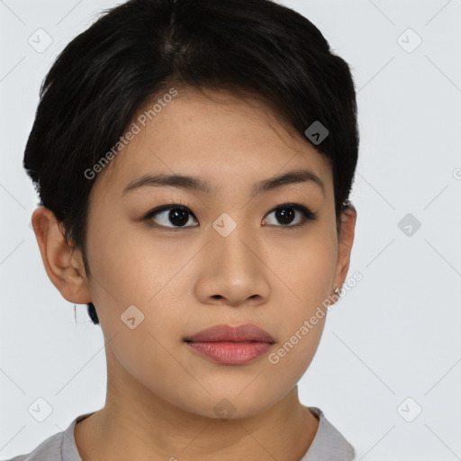 Neutral asian young-adult female with short  brown hair and brown eyes