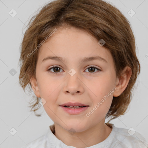 Joyful white child female with medium  brown hair and brown eyes