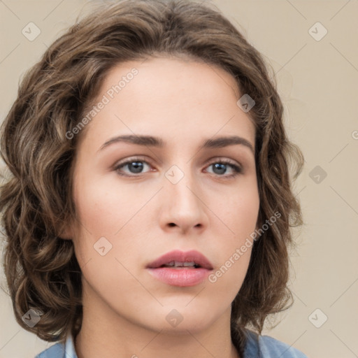 Neutral white young-adult female with medium  brown hair and green eyes