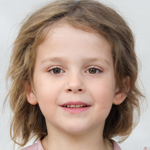 Joyful white child female with medium  brown hair and grey eyes