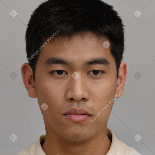 Neutral asian young-adult male with short  brown hair and brown eyes
