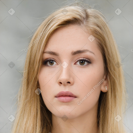 Neutral white young-adult female with long  brown hair and brown eyes