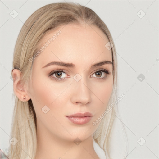 Neutral white young-adult female with long  brown hair and brown eyes