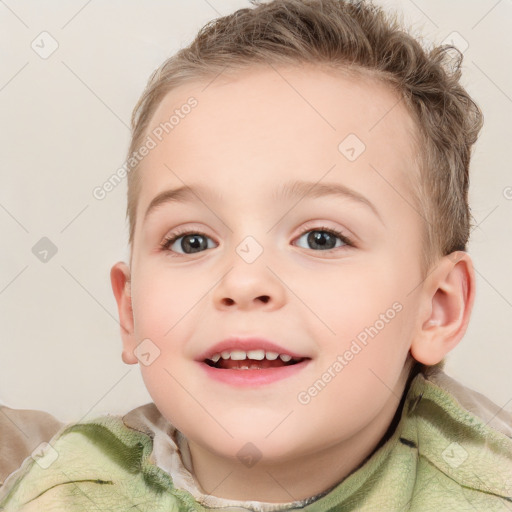 Joyful white child female with short  brown hair and grey eyes