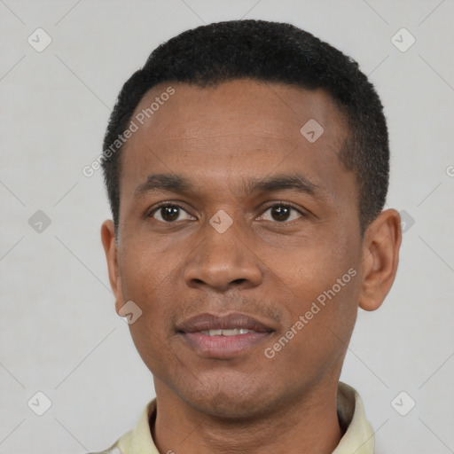 Neutral black young-adult male with short  black hair and brown eyes