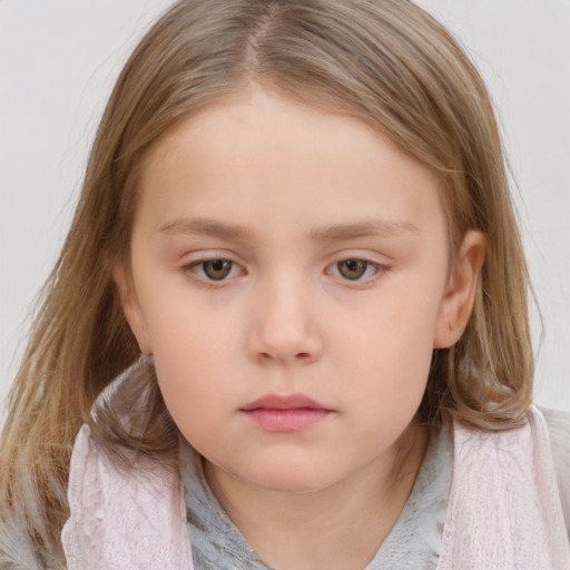 Neutral white child female with medium  brown hair and grey eyes