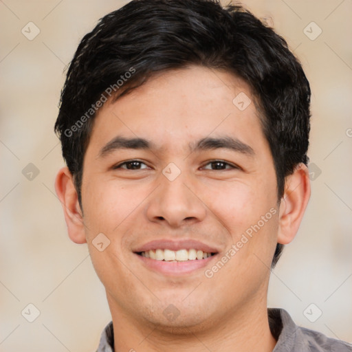 Joyful white young-adult male with short  black hair and brown eyes