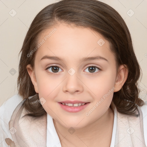 Joyful white child female with medium  brown hair and brown eyes