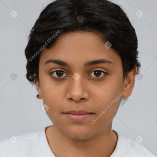 Neutral latino young-adult female with short  brown hair and brown eyes