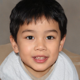 Joyful asian child male with short  brown hair and brown eyes