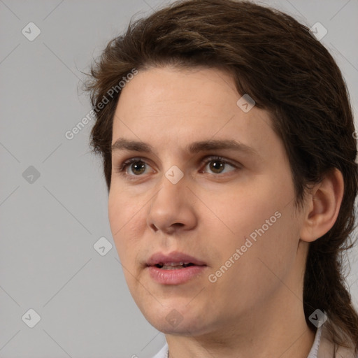 Neutral white young-adult female with medium  brown hair and brown eyes