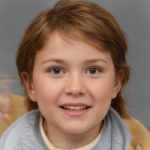 Joyful white child female with medium  brown hair and brown eyes