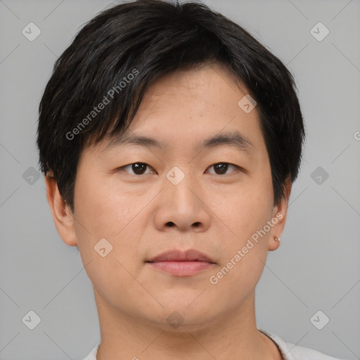 Neutral asian young-adult male with short  brown hair and brown eyes