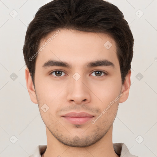 Neutral white young-adult male with short  brown hair and brown eyes