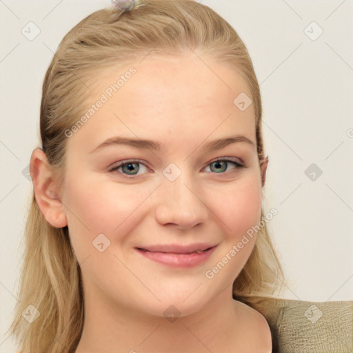 Joyful white young-adult female with long  brown hair and blue eyes