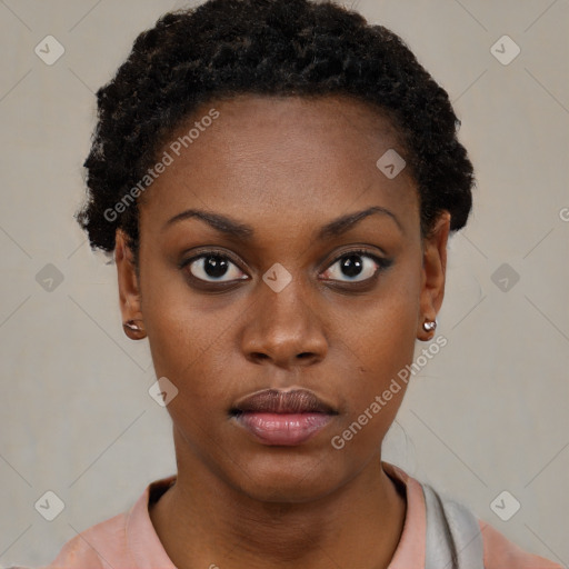 Neutral black young-adult female with short  black hair and brown eyes