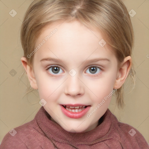 Joyful white child female with medium  brown hair and grey eyes