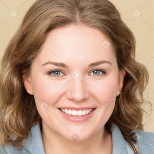 Joyful white young-adult female with medium  brown hair and blue eyes