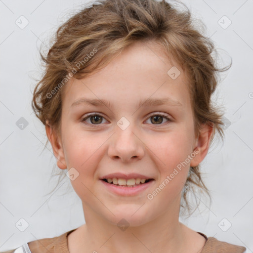 Joyful white child female with medium  brown hair and brown eyes