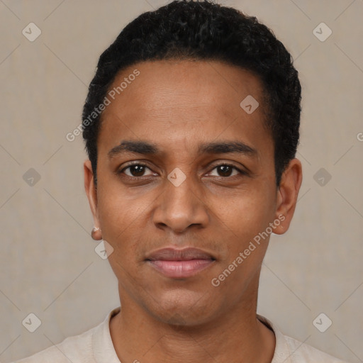 Neutral black young-adult male with short  black hair and brown eyes