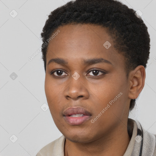 Neutral black young-adult female with short  black hair and brown eyes