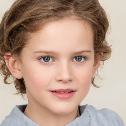 Joyful white child female with medium  brown hair and blue eyes