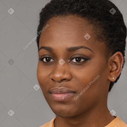 Neutral black young-adult female with short  brown hair and brown eyes