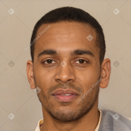 Neutral latino young-adult male with short  brown hair and brown eyes