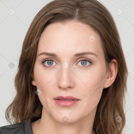 Neutral white young-adult female with medium  brown hair and grey eyes