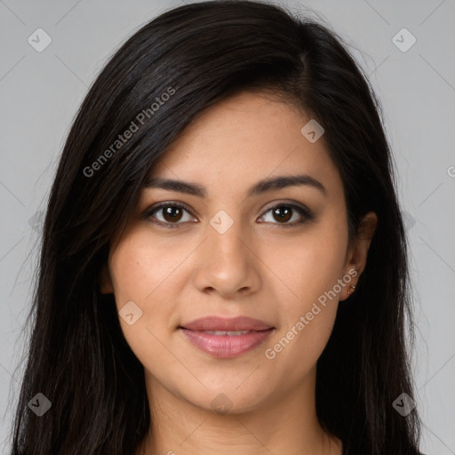 Joyful latino young-adult female with long  brown hair and brown eyes