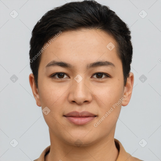 Joyful latino young-adult female with short  brown hair and brown eyes