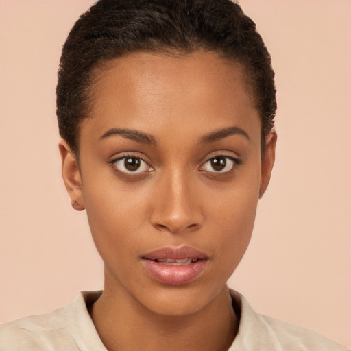 Neutral black young-adult female with short  brown hair and brown eyes