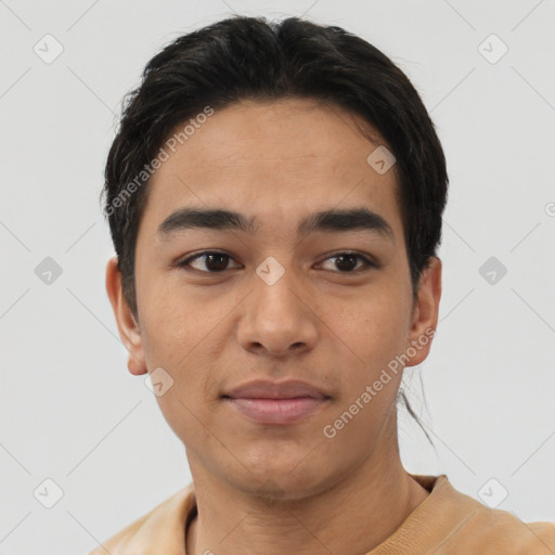 Neutral asian young-adult male with short  black hair and brown eyes